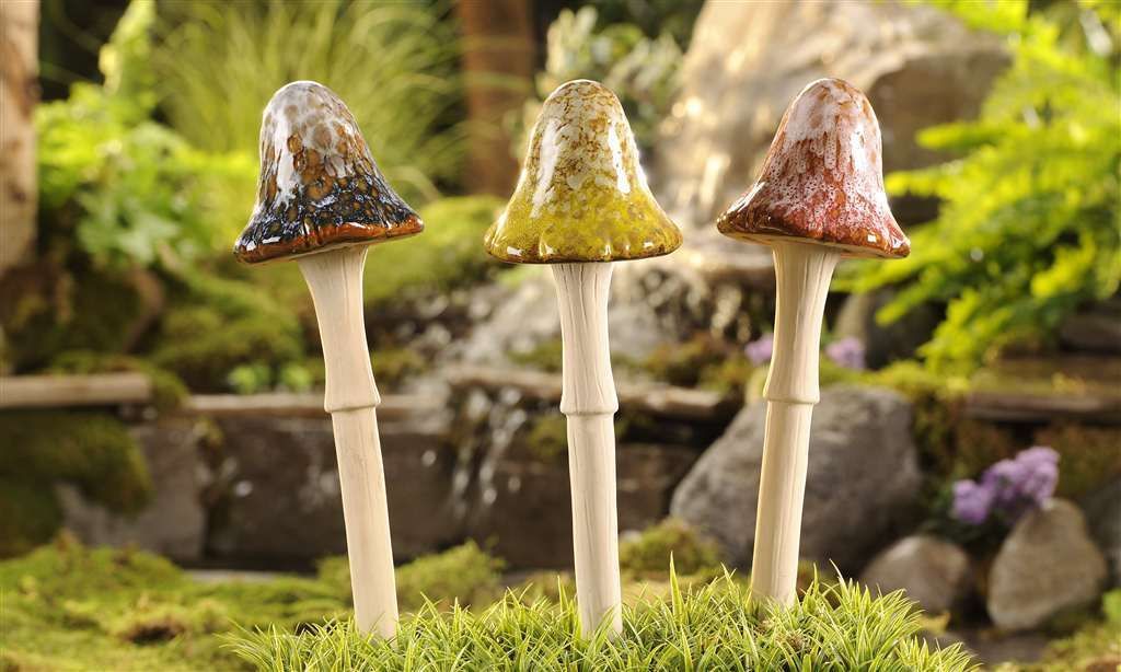 Primary image for  Mushroom Garden Stakes Set of 3 - 12" High Ceramic3 Different Colors Toadstool