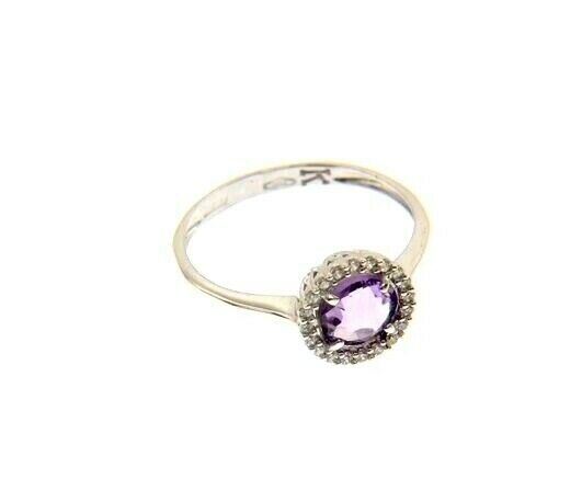 18K WHITE GOLD RING CUSHION ROUND PURPLE AMETHYST AND CUBIC ZIRCONIA FRAME - $352.00