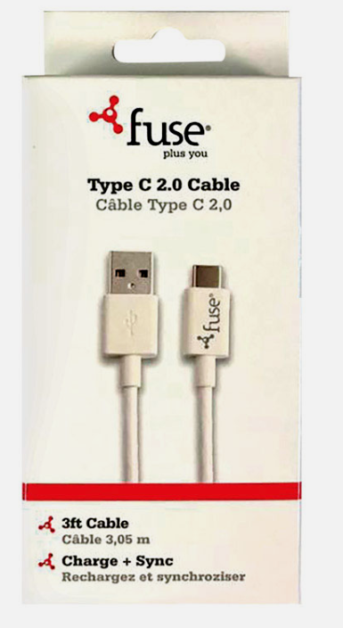 FoneGear 7661 TYPE C 2.0 CABLE Charge/Sync (USB Type A to Type C) White 3 Ft L