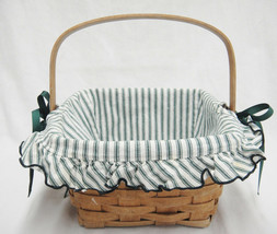 Longaberger 8" Square Berry Basket Swing Handle Green Striped Fabric Liner 1991 - $15.04