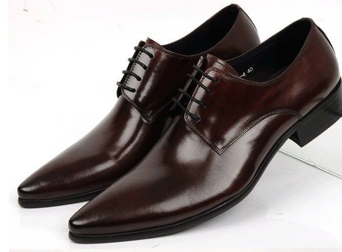 Men Chocolate Brown Leather Shoes  Pointed Toe Derby Formal Dress Shoes US 7-16