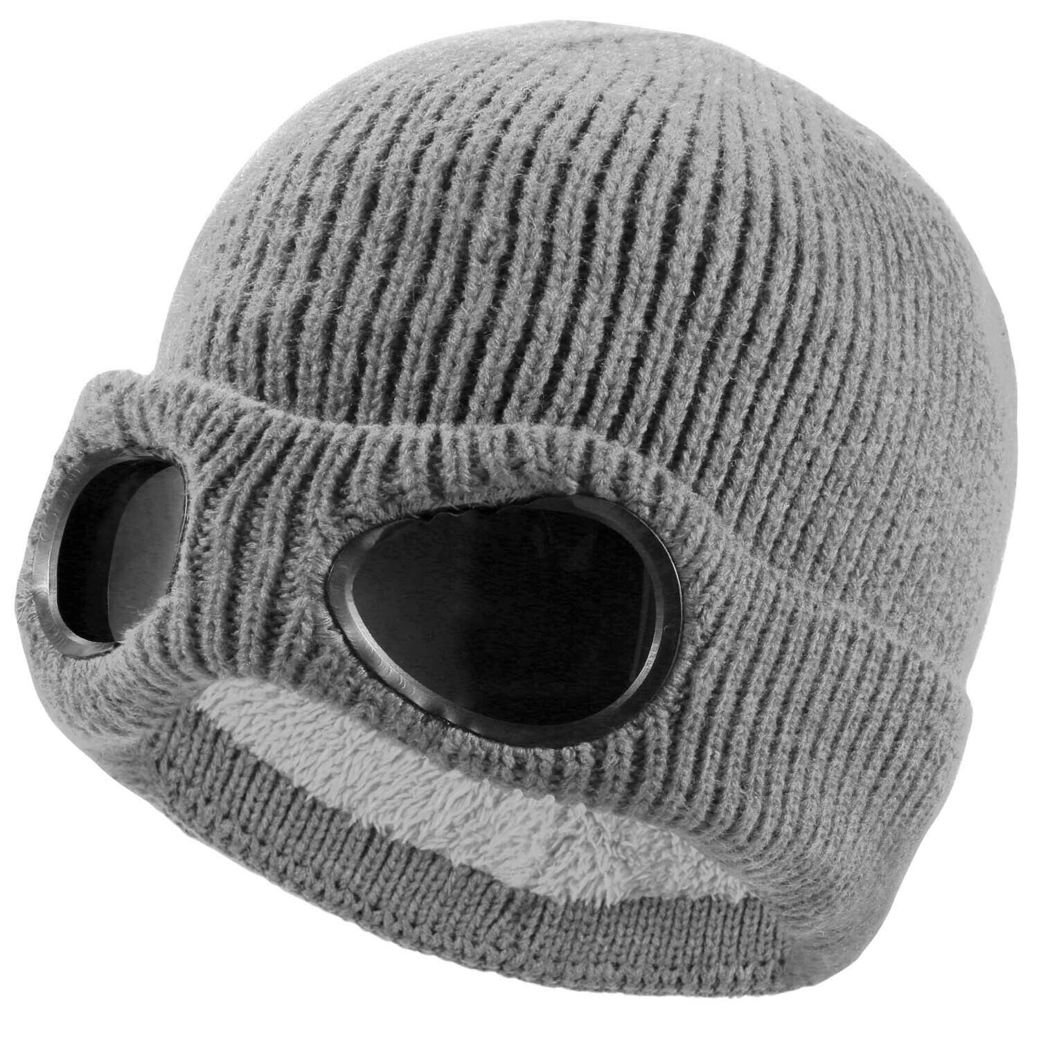 Men Women Knit Beanie Hat with Goggle Chunky Winter Warm Hat Skull Cap ...