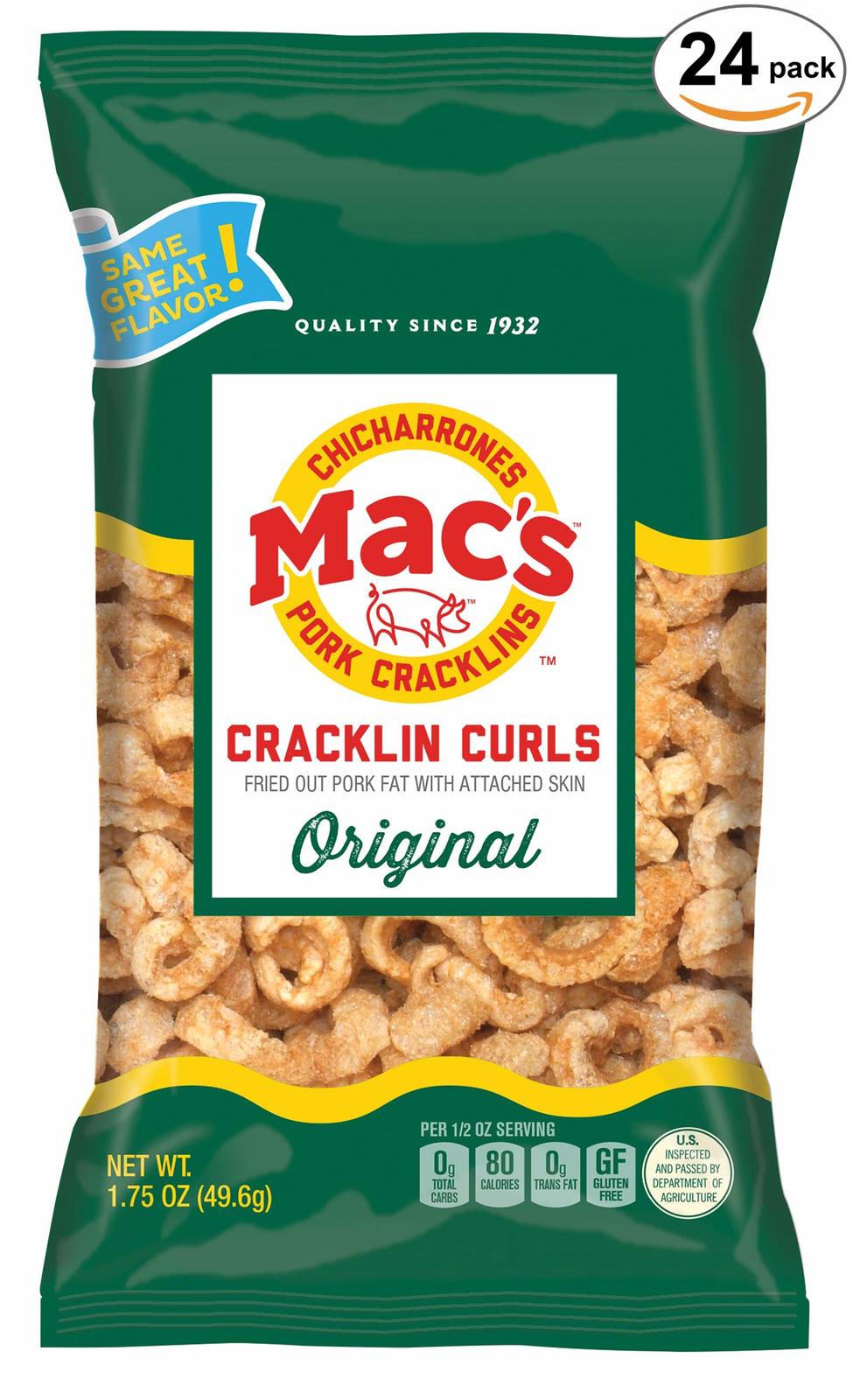 Mac’s Original Pork Cracklin Curls Crunchy Low Carb Keto Friendly