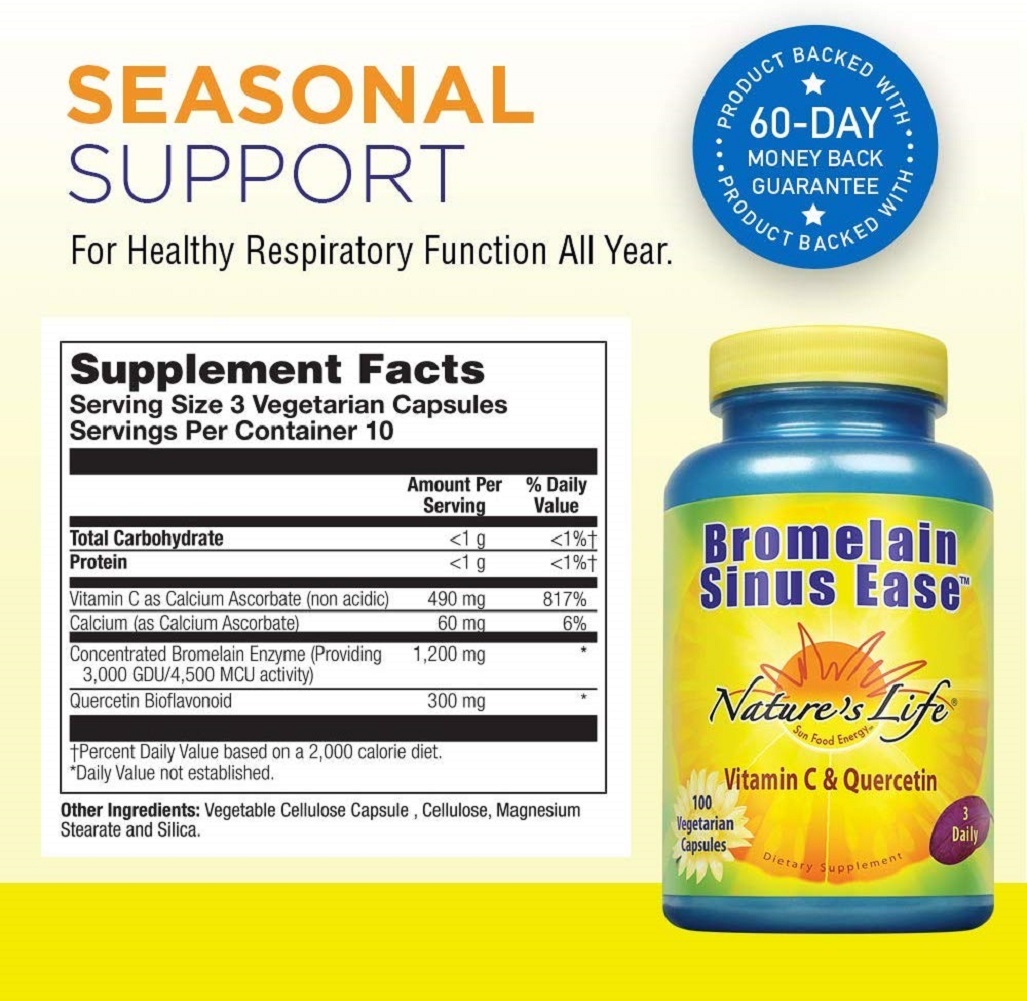 Nature's Life Bromelain Sinus Ease, 1200 Mg, 100 Capsules Vitamins