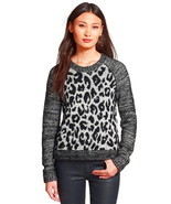 White + Warren Leopard Jacquard Sweater Large 12 14 Wool Blend Leather T... - $142.21