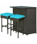 Durable 3pc Patio Rattan Wicker Bar Table Stools Dining Set-Turquoise - $471.16