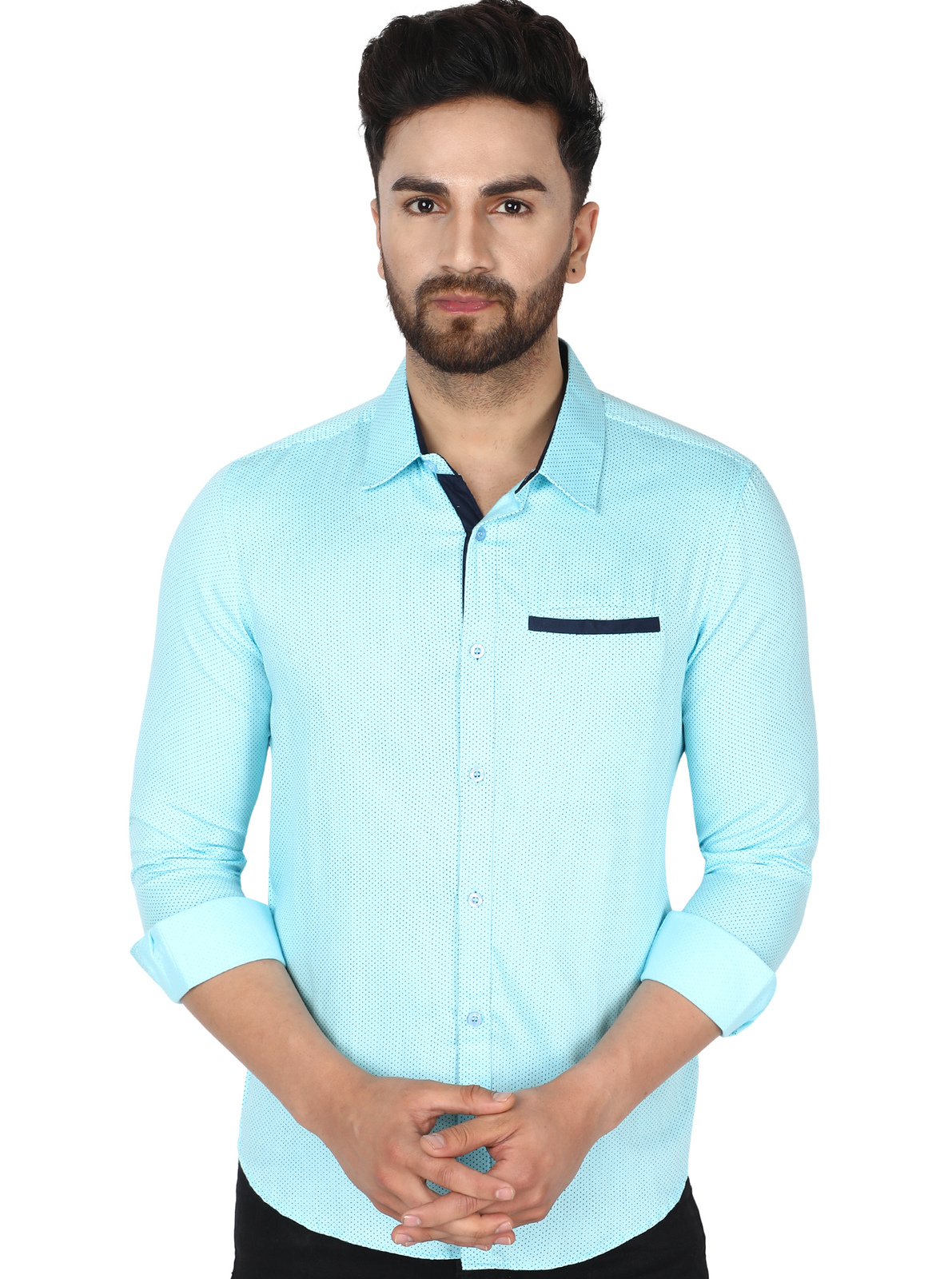 SKAVIJ Mens Polka Dot Shirt Classic Slim Fit Contrast Dress Shirts Turquoise MS8
