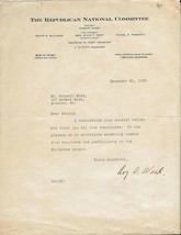 ORIGINAL 1929 Republican National Committee Hand Signed Letter Roy West ... - $49.49