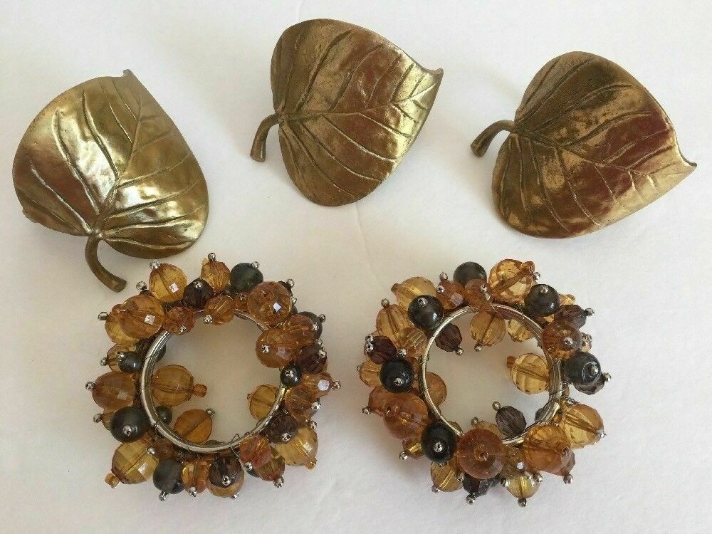Primary image for 3 Brass Metal Gold Fall Leaf & 2 Beaded Cluster Napkin Rings Autumn Thanksgiving