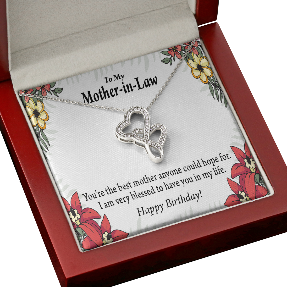 Mother-in-law Necklace Happy Birthday Mother - in law DOUBLE HEART TEXT CARD F