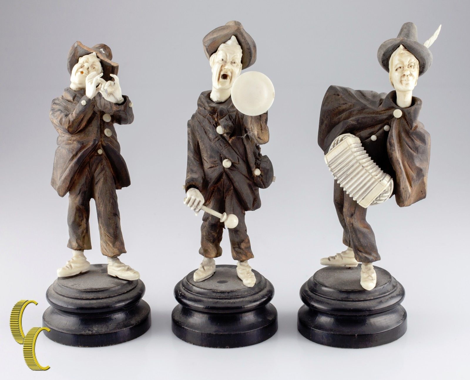 Two German 19th Century Wood Folk Musician Figurines People