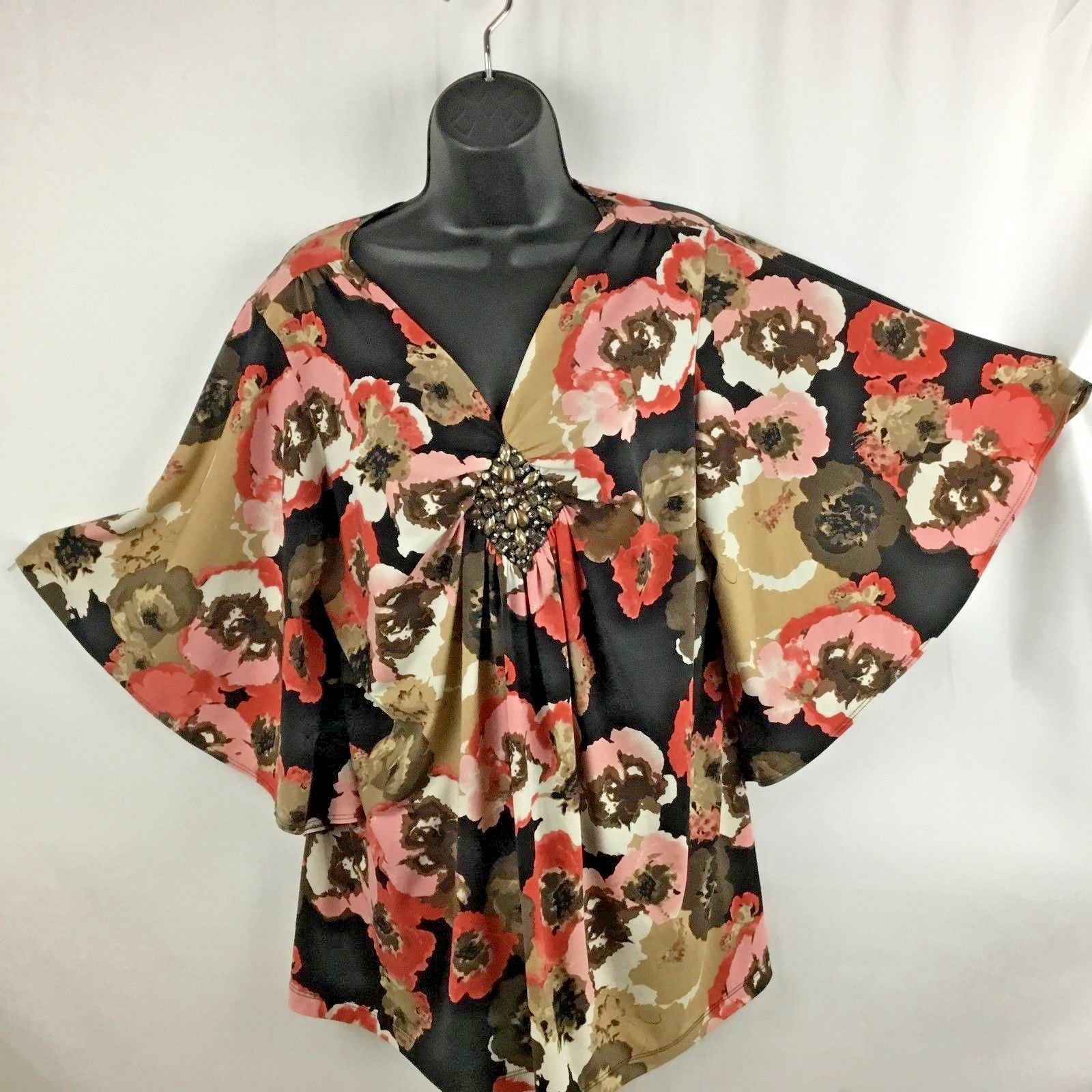Women Dressbarn V Neck Beaded Gathered Stretch Angel Sleeve Brown