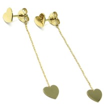 18K YELLOW GOLD PENDANT EARRINGS FLAT DOUBLE HEART, SHINY, SMOOTH, ROLO CHAIN image 2