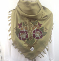 Womens Olive Multicolor Embroidered Fringed Scarf BOHO New - $14.98