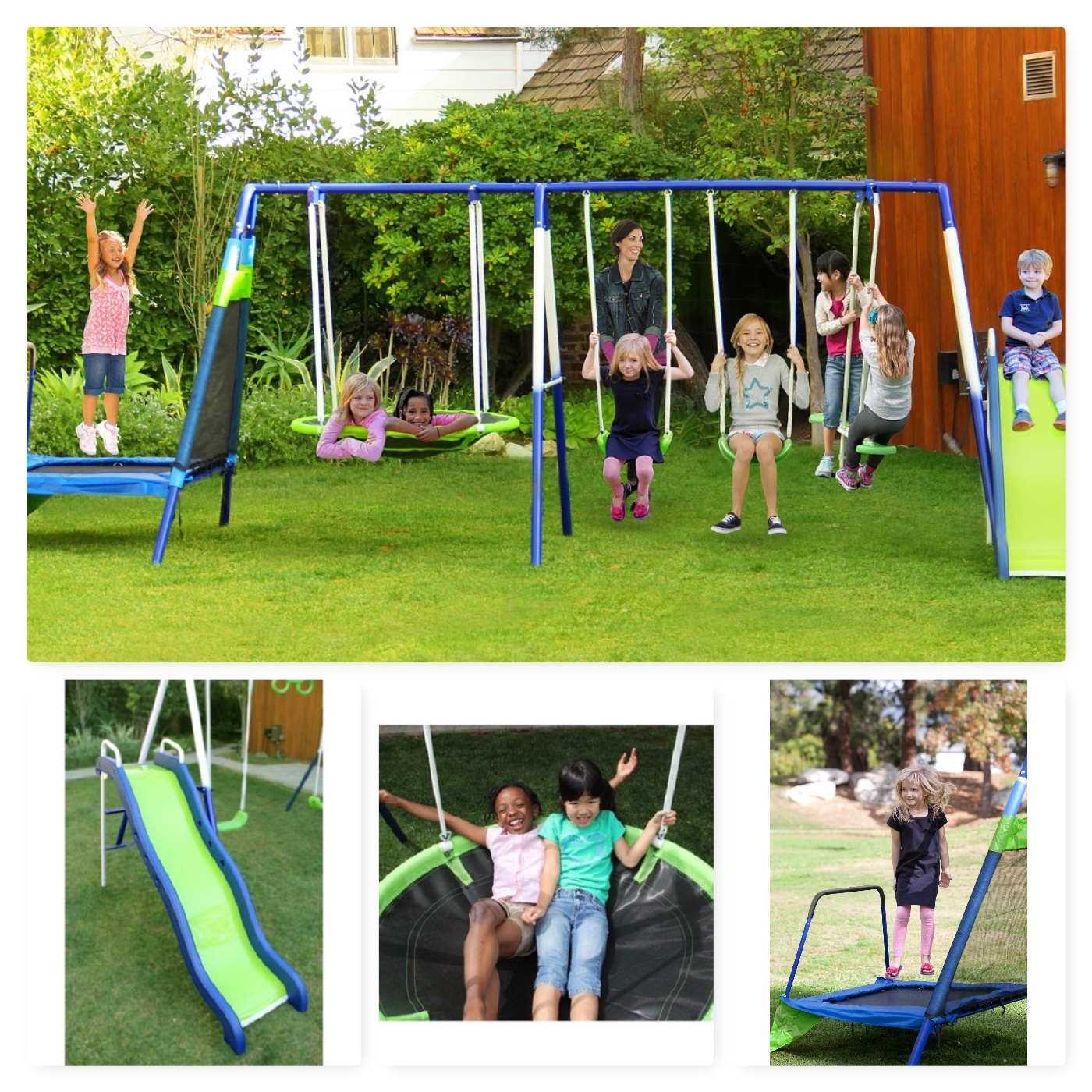 swing set with trampoline and saucer