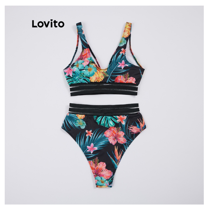 Lovito Boho Beachwear Tropical Bikini Sets with Removable Pads L18X397 (Black)