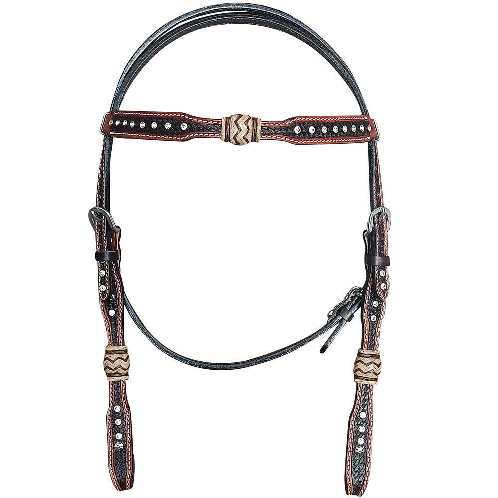Western Horse Headstall Leather Mahogany And Black Clear Rhinestones U