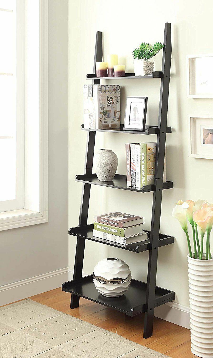 black matte leaning book shelf