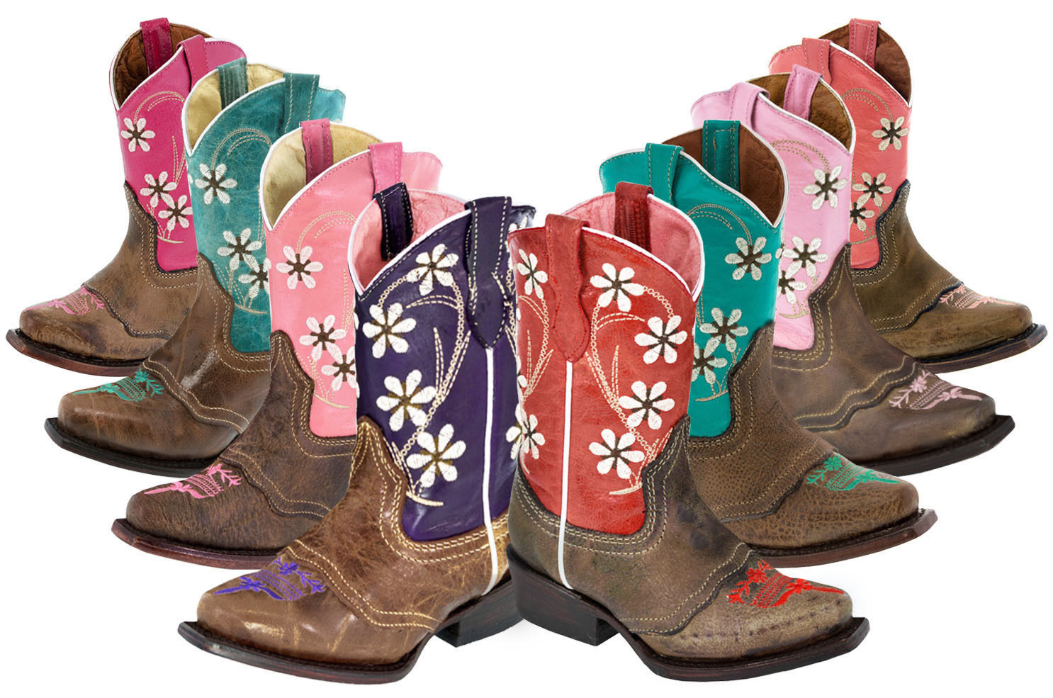 Girls Youth Kids Flowers Design Cowgirl Boots Assorted Colors Cowboy