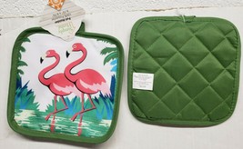 Set of 2 Same Printed Pot Holders (7&quot;x7&quot;) 2 FLAMINGOS &amp; PALM TREES,green... - $7.91