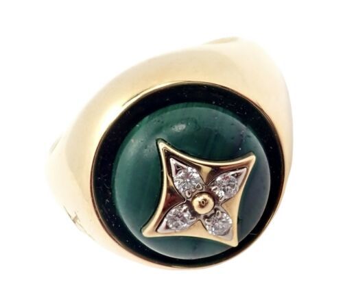 Primary image for Authentic Louis Vuitton LV 18k Yellow Gold Diamond Malachite Blossom Signet Ring