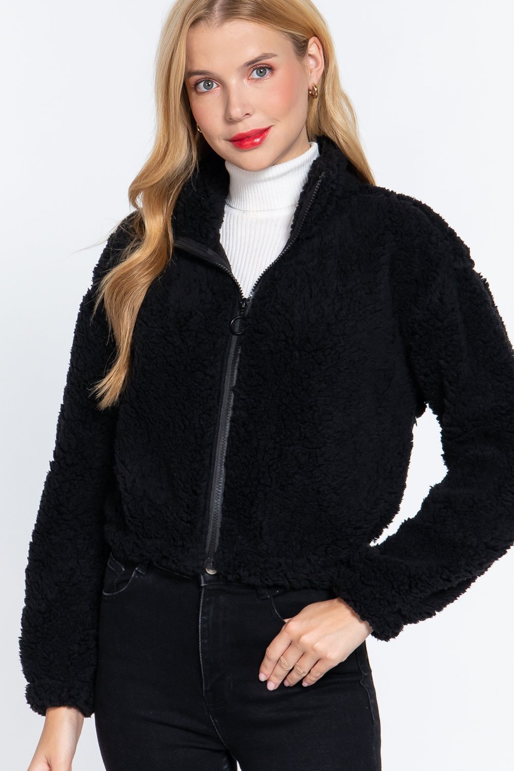 Long Sleeve Faux Fur Zip-up Jacket (Black)