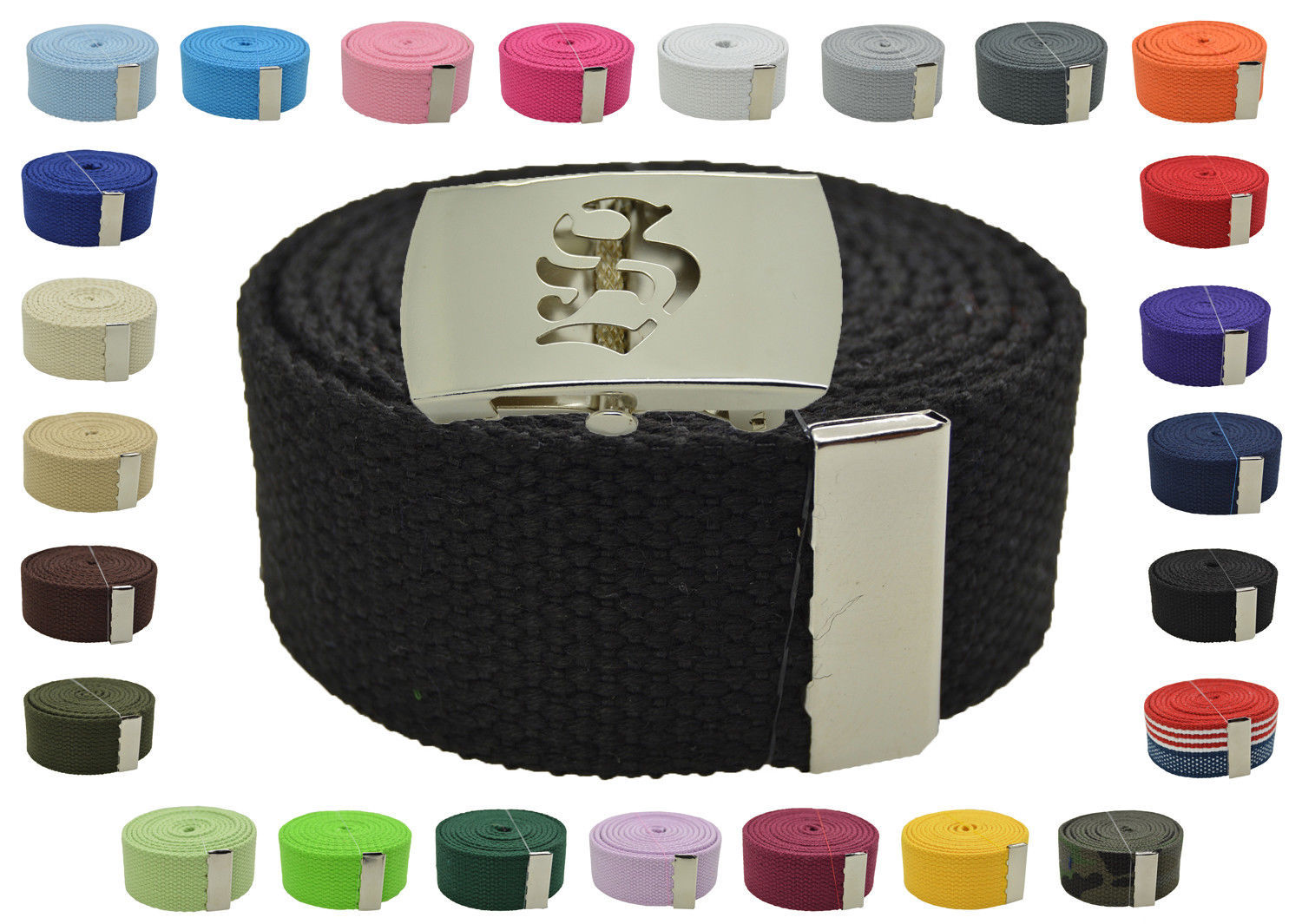 NEW FLIP TOP ADJUSTABLE 62/" INCH BLACK MILITARY WEB CANVAS CHROME BELT BUCKLE