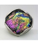Pink Dichroic Glass Stainless Steel Wire Wrap Ring 16 - $10.30
