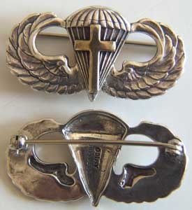 Primary image for WW II Chaplain Paratrooper Wing Sterling Pin Back, Gold Plated Cross   