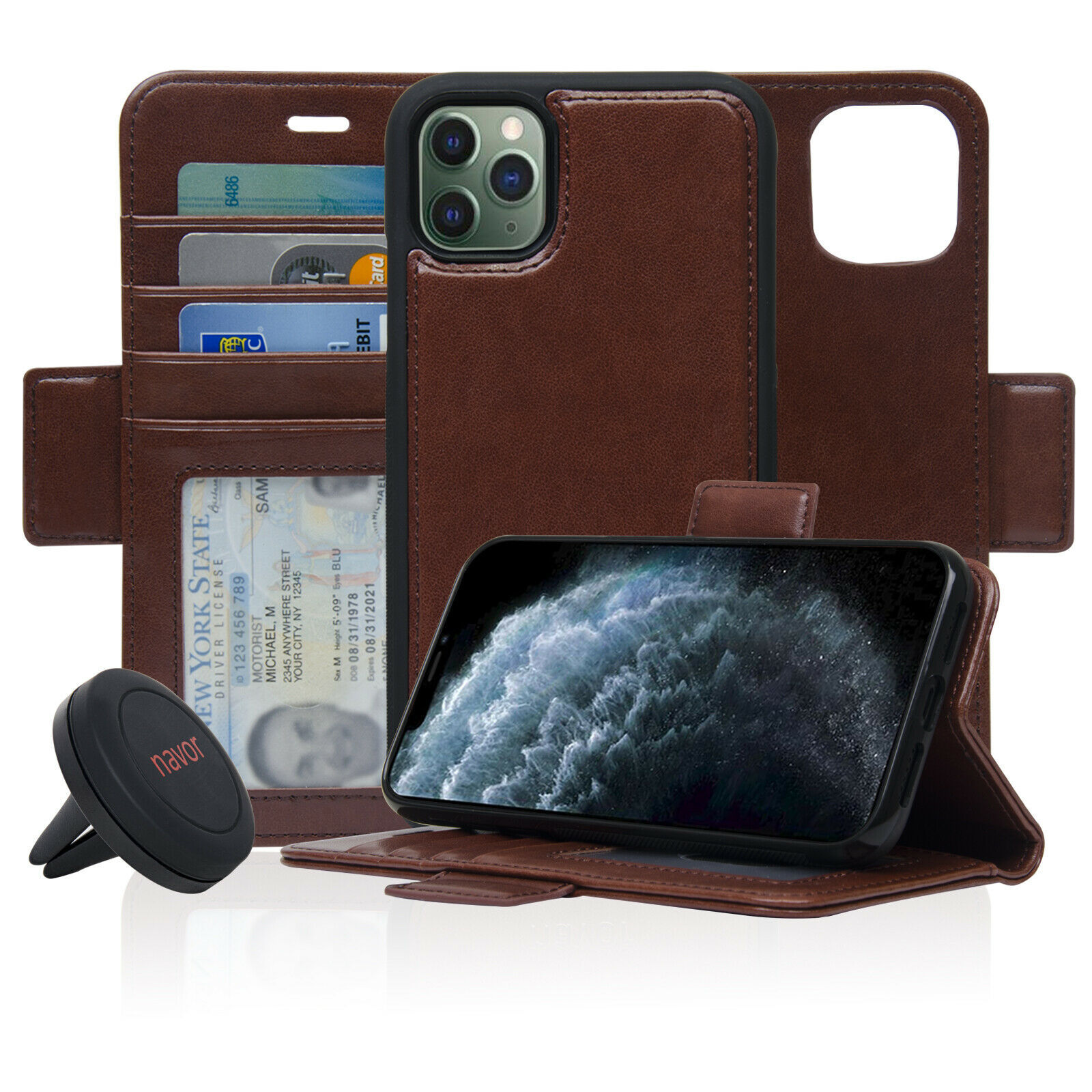 Car Mount & Detachable Magnetic Wallet Case for iPhone 11 Pro Max - Dark Brown