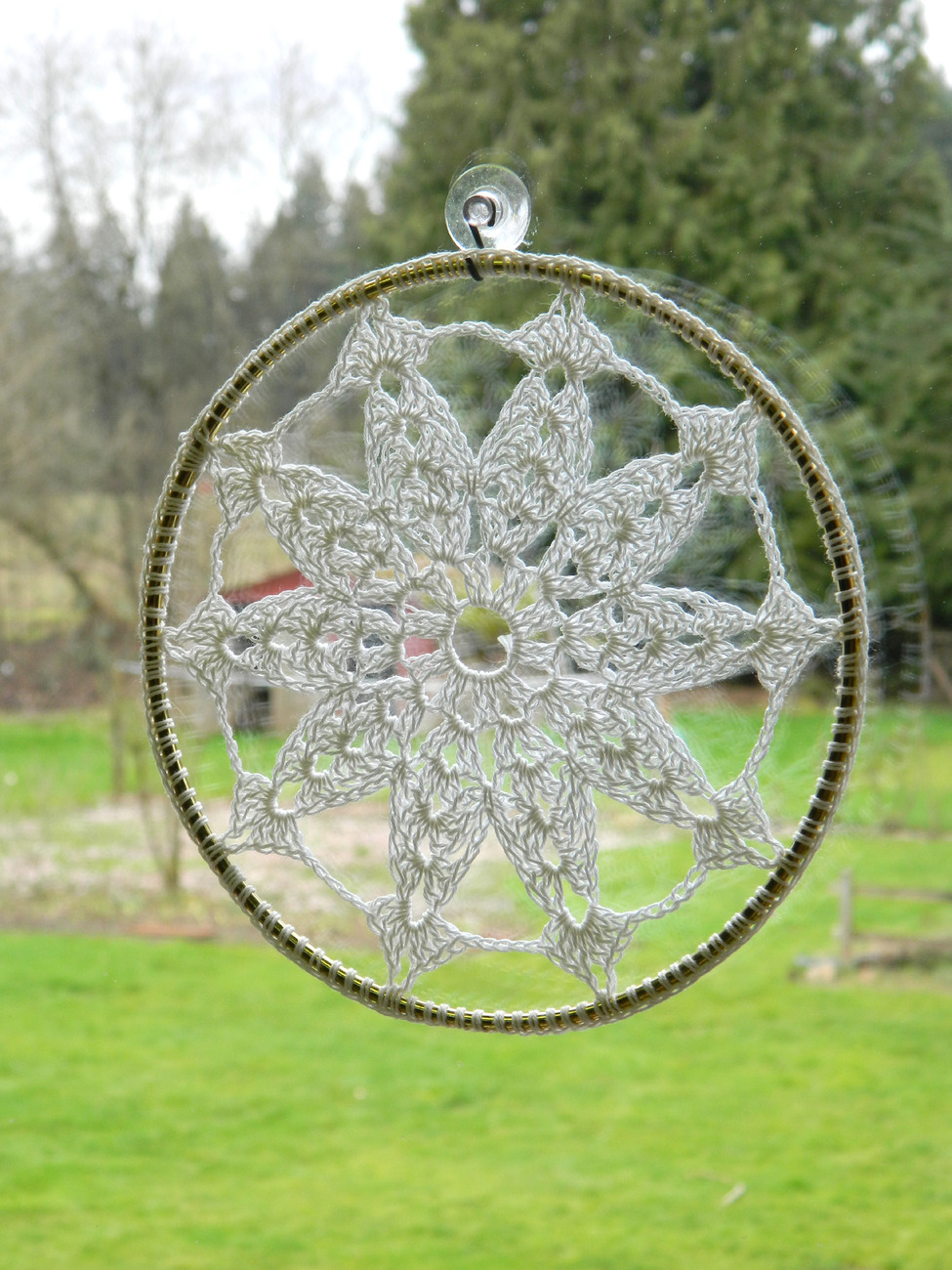 Crochet Window Hanging/Suncatcher on Brass Ring; Handmade Suncatchers