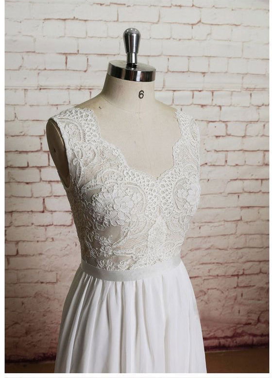 Charming White Chiffon Wedding Dress Bridal Dresses with Lace