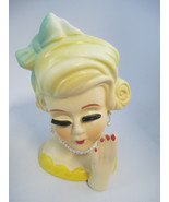 Lady Head Vase Retro Reproduction Blonde with Green Bow and Yellow Dress - $17.77