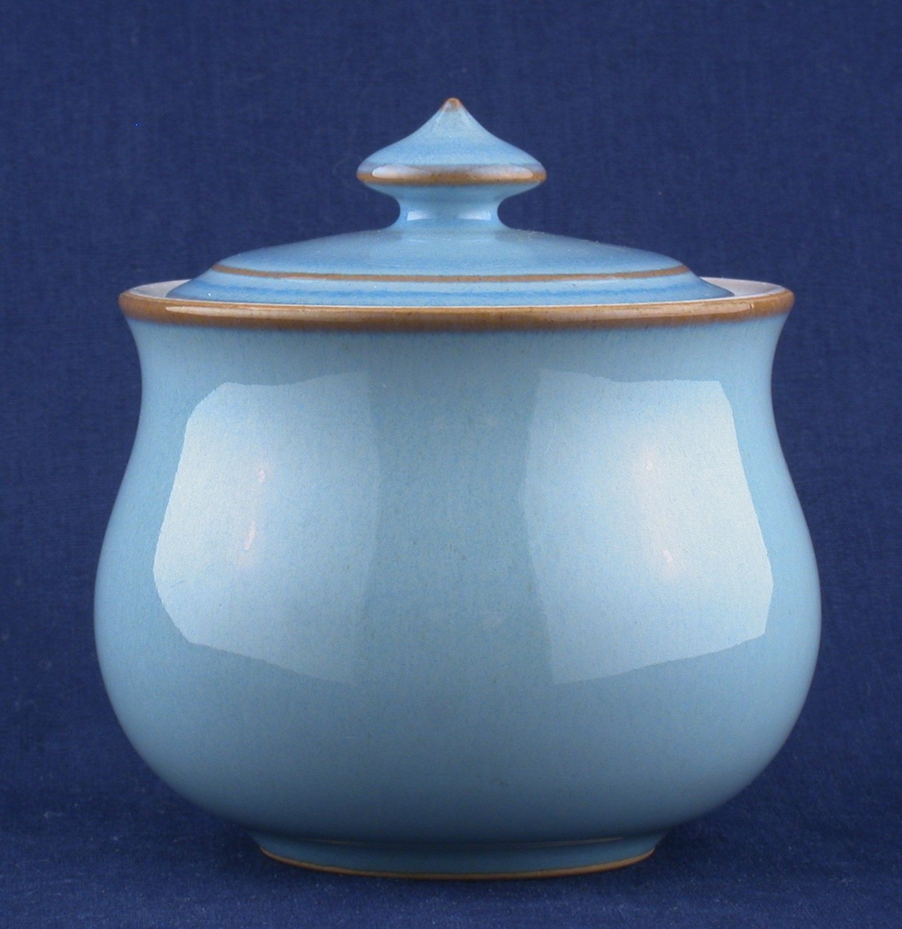 Denby Colonial Blue Sugar Bowl w Lid Blue w Brown Accents Denby