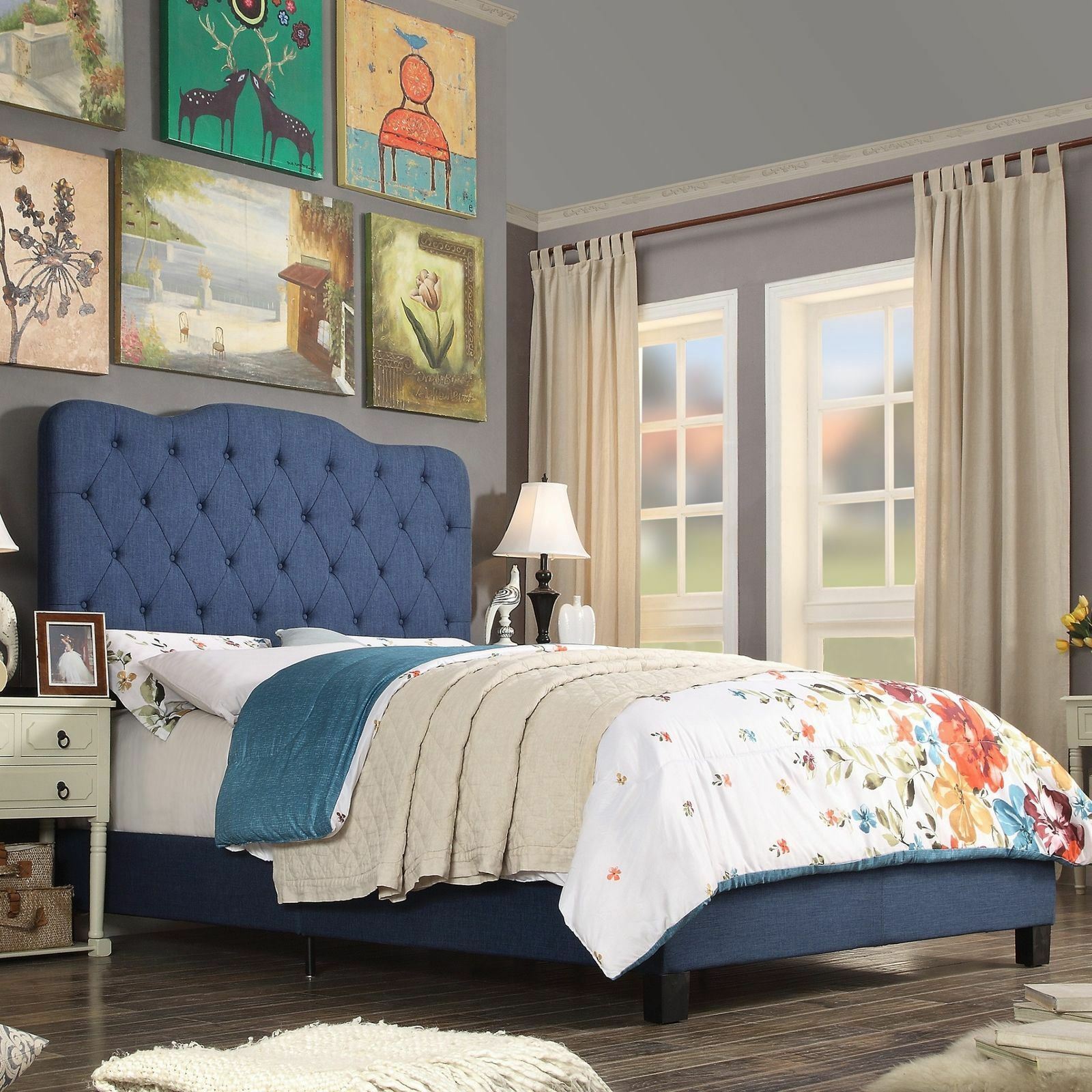 Twin Full Queen King Blue Upholstered Platform Bed Frame Tufted Fabric