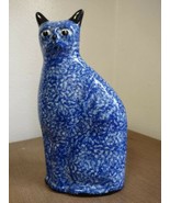 Vintage Enesco Spongeware Ceramic Cat Statue Cat Figurine 12&quot; Cobalt Blu... - $17.99