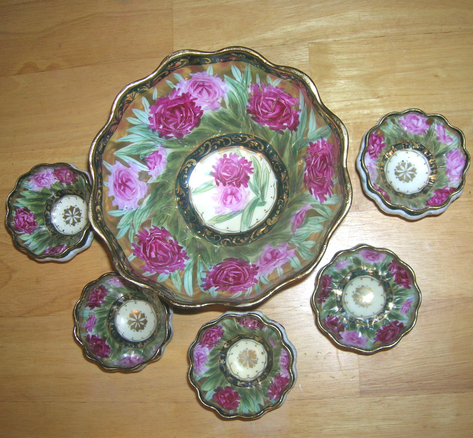 Vintage Heavy Gold Nippon Moriage Footed Nut Bowl Dish Set Hand Painted 6 Pc Set Nippon