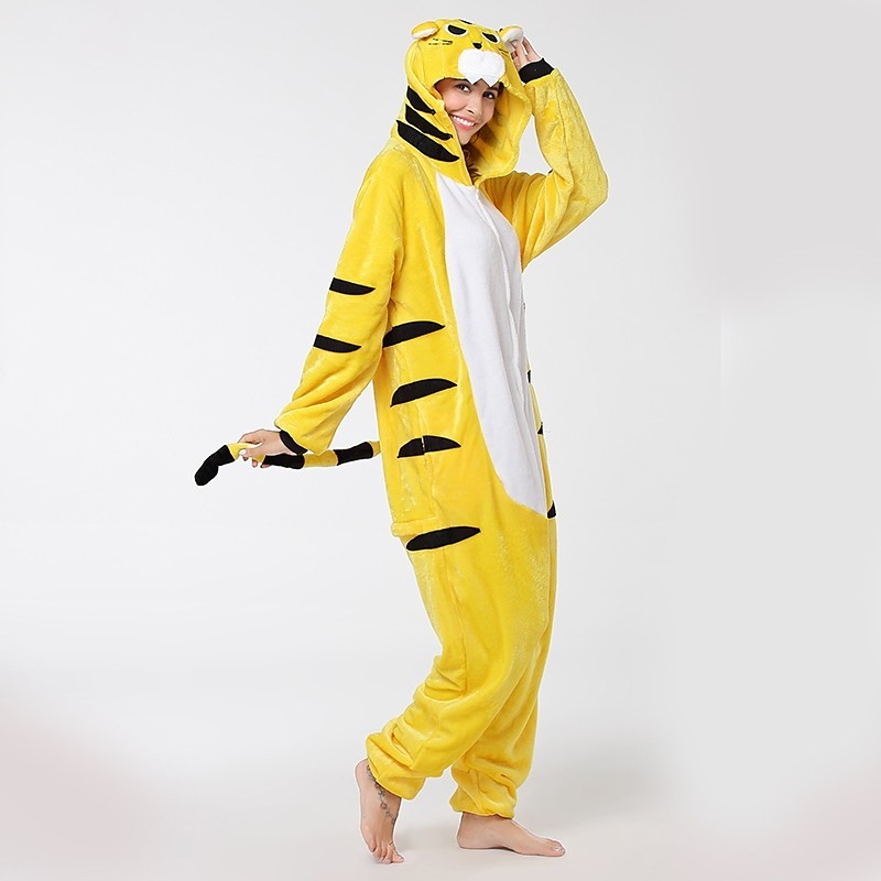Adults' Kigurumi Pajamas Tiger Flannel Fabric Yellow Cosplay Animal Sleepwear