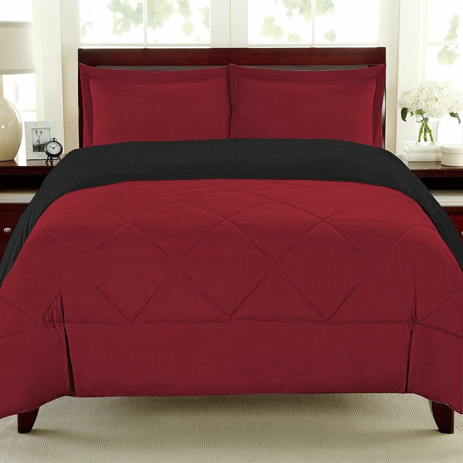 Twin Full Queen King Bed Solid Burgundy Red Black 3 pc Comforter Set