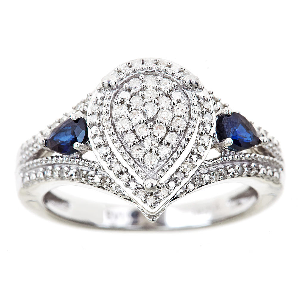 Sterling Silver Pear Shaped 2 Ct Diamond Cluster & Blue Sapphire