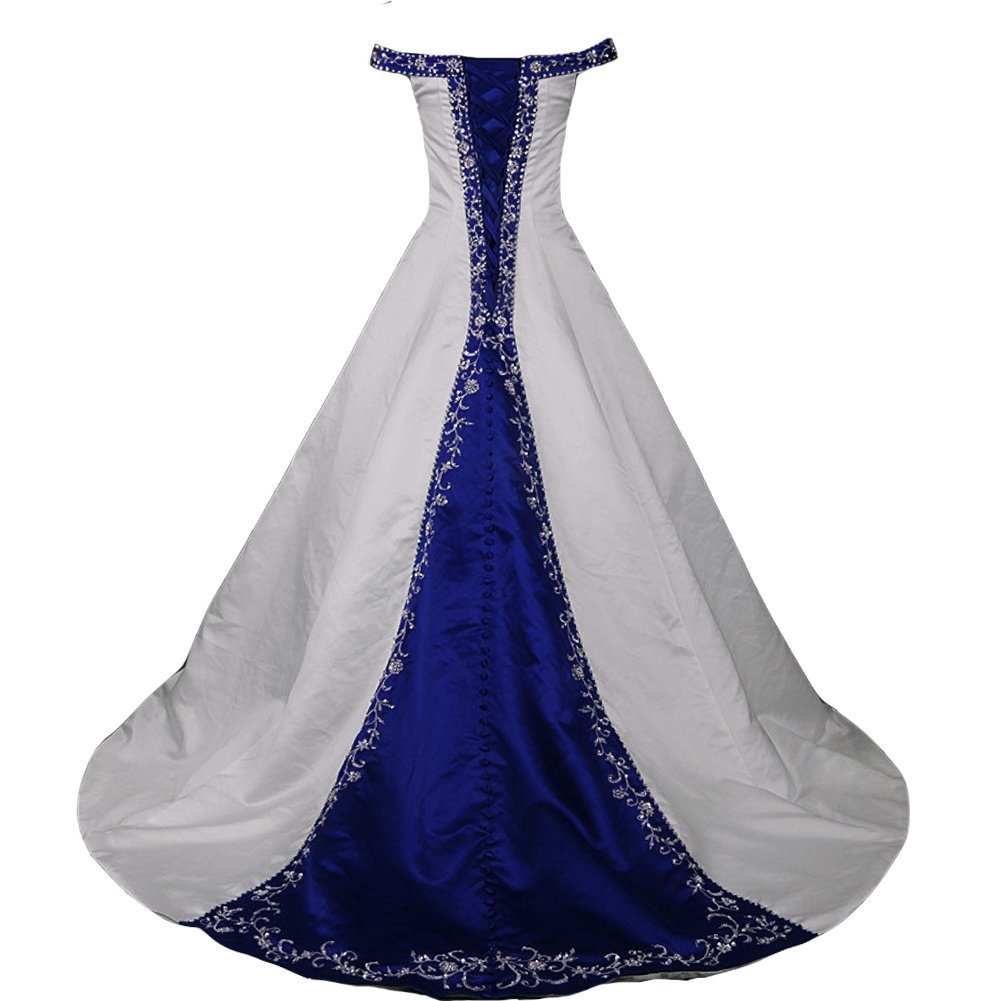 Kivary White and Royal Blue Off Shoulder A Line Beaded Bridal Embroidery Wedding