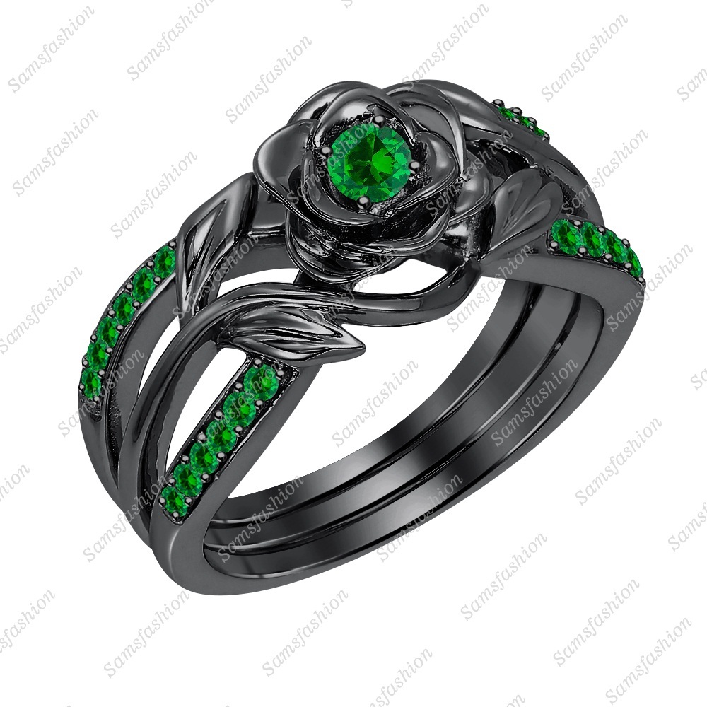 0.55ct Round Emerald 14K Black Gold Over Disney Belles Twining Rose Fashion Ring