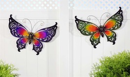 Butterfly Wall Plaques Set of 2 Wing Cut Outs Glass Iron Green Purple 27" Wide image 2