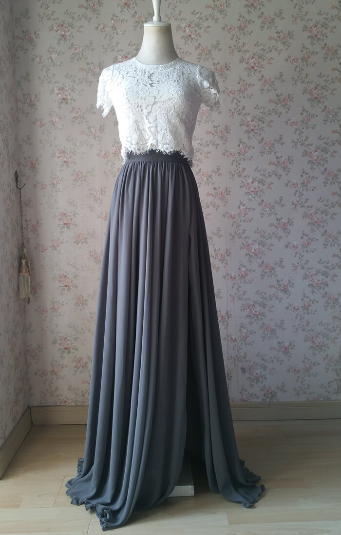 Grey Maxi Skirt with Split Wedding Chiffon Skirt One Side Split Gray Skirt