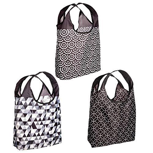 O-WITZ Reusable Shopping Bags, Ripstop, Folds Into Pouch, 3 Pack, Classic Black