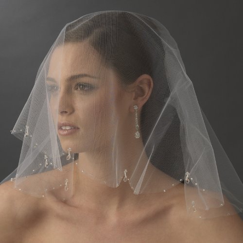 Vika Single Layer Wedding Bridal Scalloped Edge Birdcage Veil with Crystal Drops