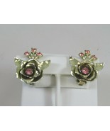 Vintage Coro Pink Rhinestone Flower Spray Clip On Earrings Gold Tone 51764 - £24.50 GBP