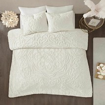 Luxury 3pc Ivory Cotton Chenille Medallion Duvet Cover AND Decorative Shams - $122.26+