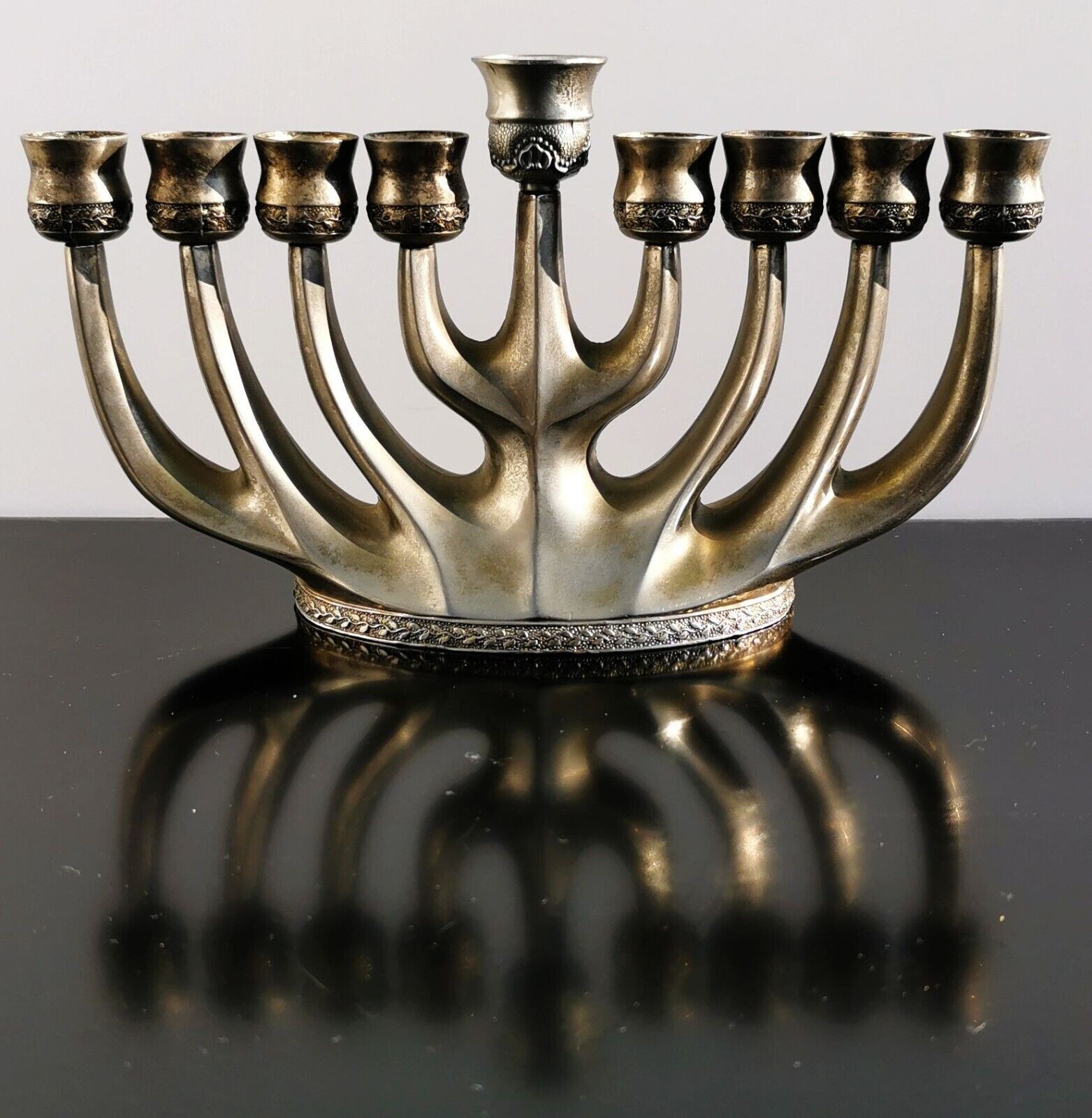 Modernist Hanukkah Menorah Israel Jerusalem Heavy Solid Brass Silver