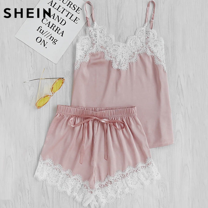 SHEIN Women Sleeping Wear Summer Sexy Pajama Sets Lace Trim Satin Spaghetti Str Sleepwear & Robes